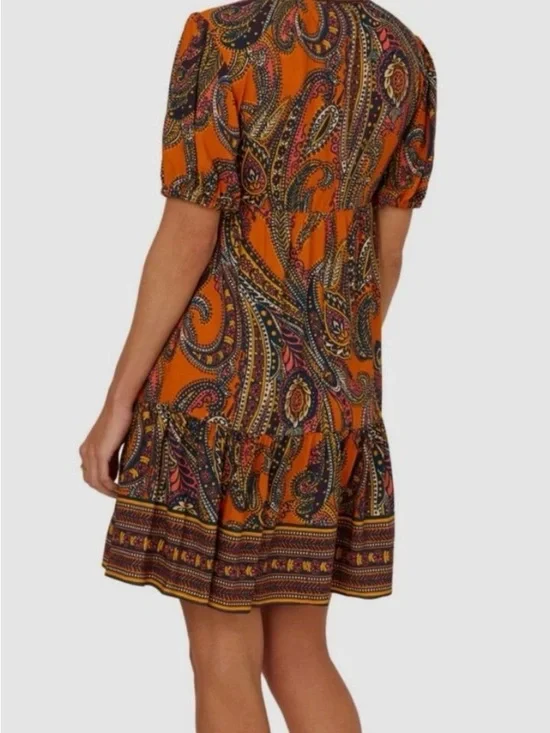 Adrianna Papell Women's Orange Paisley Print Puff-Sleeve A-Line Dress Size 4 - Picture 2 of 2